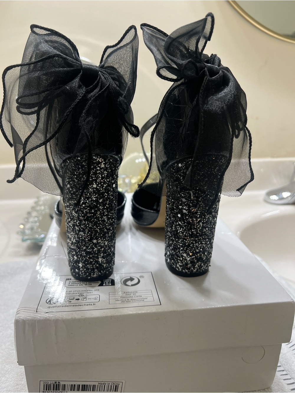 SHEIN Black Glitter Block Heels with Sheer Bow Ties